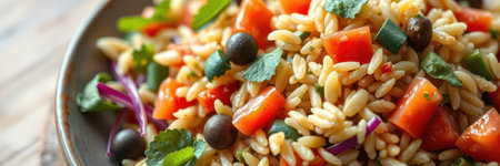 Colorful orzo salad with fresh vegetables and herbs served on a rustic tableの素材