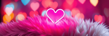 Colorful heart shape glowing against a vibrant blurred background with soft fur textureの素材