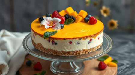 Bright tropical cheesecake adorned with fresh fruits on display at a dessert showcaseの素材