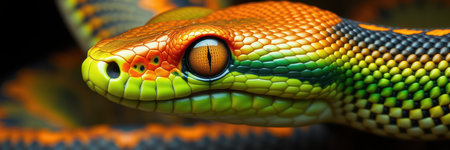 Colorful snake with vibrant scales resting on a branch in a lush rainforestの素材