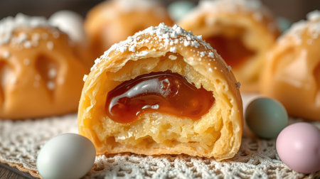 Appetizing pastry filled with fruit jelly and surrounded by decorative eggs during a festive occasionの素材