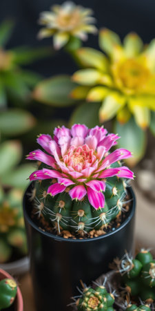 Beautiful blooming cactus with vibrant pink and yellow flowers in a garden settingの素材