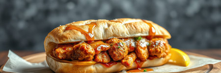 Delicious fried chicken sandwich served with a slice of lemon on a wooden plateの素材