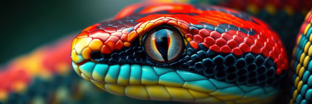 Colorful snake displaying vibrant scales in a lush environment while resting during daylight hoursの素材