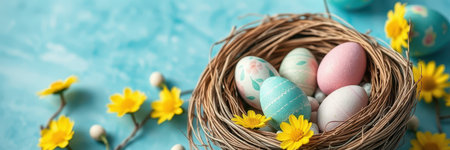 Colorful decorated eggs in a nest surrounded by spring flowers on a bright blue backgroundの素材