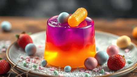 Colorful gelatin dessert with fruit and candy decorations served on a decorative plateの素材