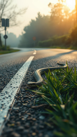 Snake crossing a quiet rural road at dawn with mist rising in the backgroundの素材