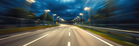 Motion blur captures the excitement of a night drive on a winding road illuminated by streetlightsの素材