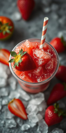 Refreshing strawberry drink with crushed ice and a striped straw surrounded by fresh strawberriesの素材