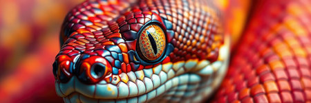 Stunning close-up of a vividly colored snake showcasing intricate patterns in natureの素材