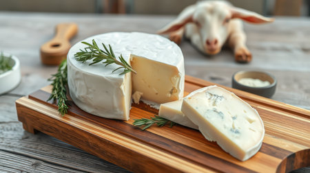 Cheese placed on a wooden board with fresh herbs alongside a goat in a rustic settingの素材