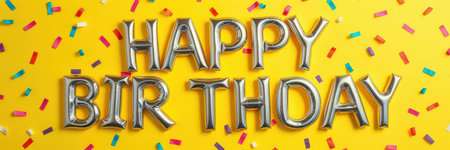 Colorful birthday celebration with metallic letters spelling happy birthday on bright yellow backdropの素材