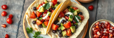 Fresh vegetable tacos with black beans served on a rustic wooden tableの素材