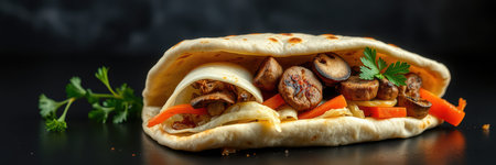 Delicious vegetarian wrap featuring grilled mushrooms and fresh vegetables on a dark backgroundの素材