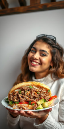 Delicious street food delight held by a smiling young woman in a cozy indoor setting during daylightの素材
