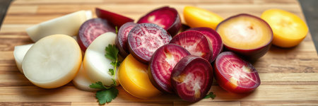 Colorful variety of beets and vegetables arranged on a wooden cutting board in a kitchen settingの素材
