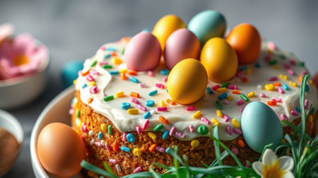 Colorful Easter cake adorned with eggs and sprinkles is ready for celebration during spring festivitiesの素材
