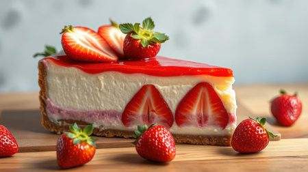 Delicious strawberry cheesecake with fresh strawberries on a wooden tableの素材