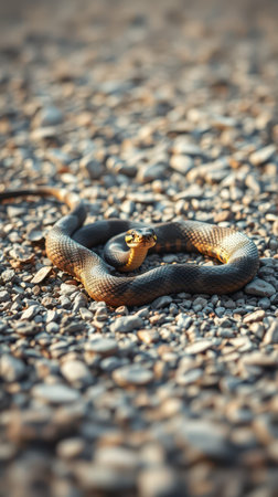 Snake rests on gravel path in natural habitat under warm sunlight during late afternoonの素材