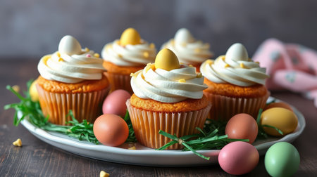 Delicious Easter cupcakes with colorful eggs arranged on a festive platterの素材