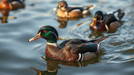 Colorful ducks swimming peacefully in a tranquil pond during the late afternoon lightの素材
