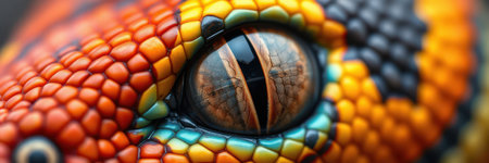 Close-up view of a vibrant reptile eye showcasing intricate color patterns and textures in a natural settingの素材