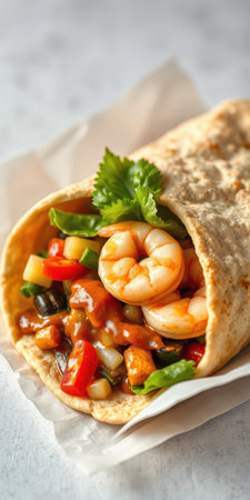 Shrimp taco wrapped in flour tortilla filled with fresh vegetables and sauce enjoyed during lunchの素材