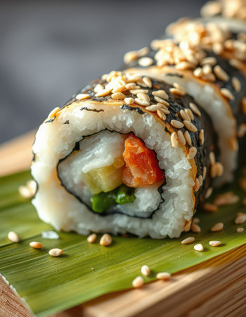 Sesame-crusted sushi rolls rest on a banana leaf, showcasing vibrant fillingsの素材