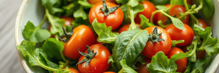 Fresh cherry tomatoes and vibrant greens displayed in a rustic bowl on a wooden tableの素材