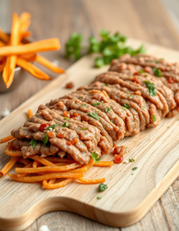 Savory meatloaf slices served atop sweet potato fries garnished with fresh parsleyの素材
