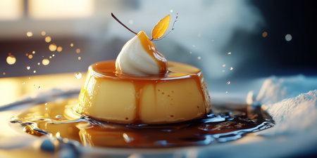 Flan dessert topped with whipped cream and a delicate sprig in a warm kitchen settingの素材