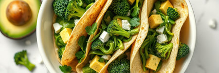 Delicious vegetable tacos served in a bowl with fresh ingredients and vibrant colors for a healthy meal optionの素材