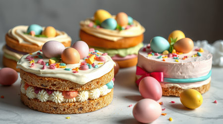 Colorful Easter cakes decorated with pastel eggs and vibrant sprinkles on a marble surfaceの素材