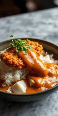 Crispy fried chicken served on rice with rich gravy and garnished with microgreens in a cozy settingの素材