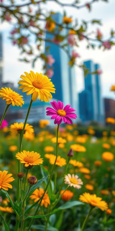 Colorful wildflowers bloom in an urban park surrounded by skyscrapers during a sunny day in springの素材