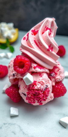 Delightful pink raspberry ice cream topped with swirls and garnished with fresh berriesの素材