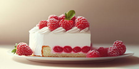 Delicious raspberry cream cake decorated with fresh raspberries and mint leaves on a white plateの素材