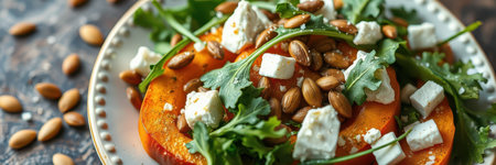 Fresh salad featuring roasted pumpkin, feta cheese, and pumpkin seedsの素材
