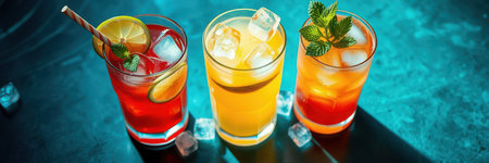 Colorful cocktails served with fresh garnishes on a bright surface during a summer gatheringの素材
