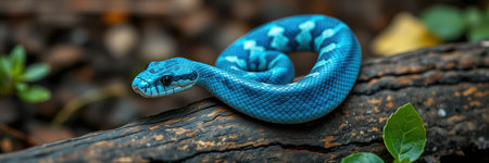 Striking blue snake resting on a log in a lush forest environment during daylight hoursの素材