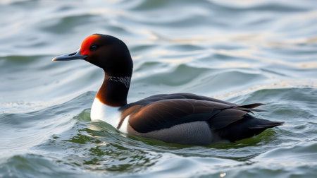 Male common eider duck swimming gracefully in calm waters during a sunny day at the lakeの素材