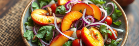 Fresh summer salad with peaches, tomatoes, and herbs served in a rustic bowlの素材