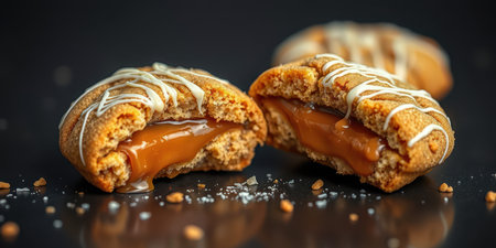 Delicious caramel-filled cookies on a dark surface with drizzled icing and a sprinkle of sea saltの素材