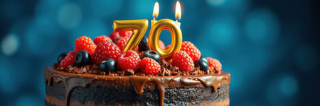 Celebratory chocolate cake adorned with candles and fresh berries for a special 70th birthday occasionの素材