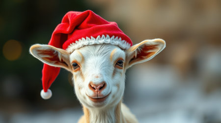 Goat wearing a red Santa hat smiles joyfully in a festive outdoor setting during the holiday seasonの素材