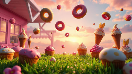 Colorful dessert landscape featuring cupcakes, donuts, and ice cream cones at sunset in a whimsical settingの素材