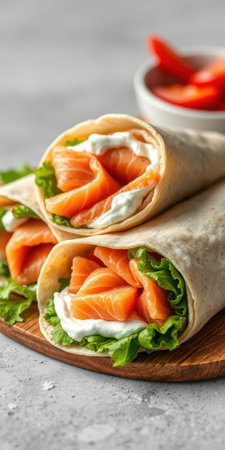 Fresh salmon wraps on a wooden board with creamy dressing and side of diced vegetablesの素材