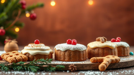 Holiday dessert spread featuring festive cakes and cookies on a wooden platter with decorative lightsの素材