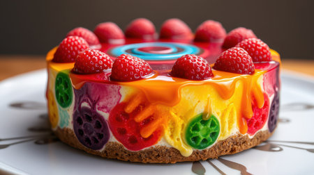 Colorful fruit jelly cake topped with fresh raspberries arranged on a decorative plateの素材