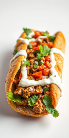 Flavorful loaded sandwich with spiced chicken, fresh tomatoes, and creamy sauce on a white backgroundの素材